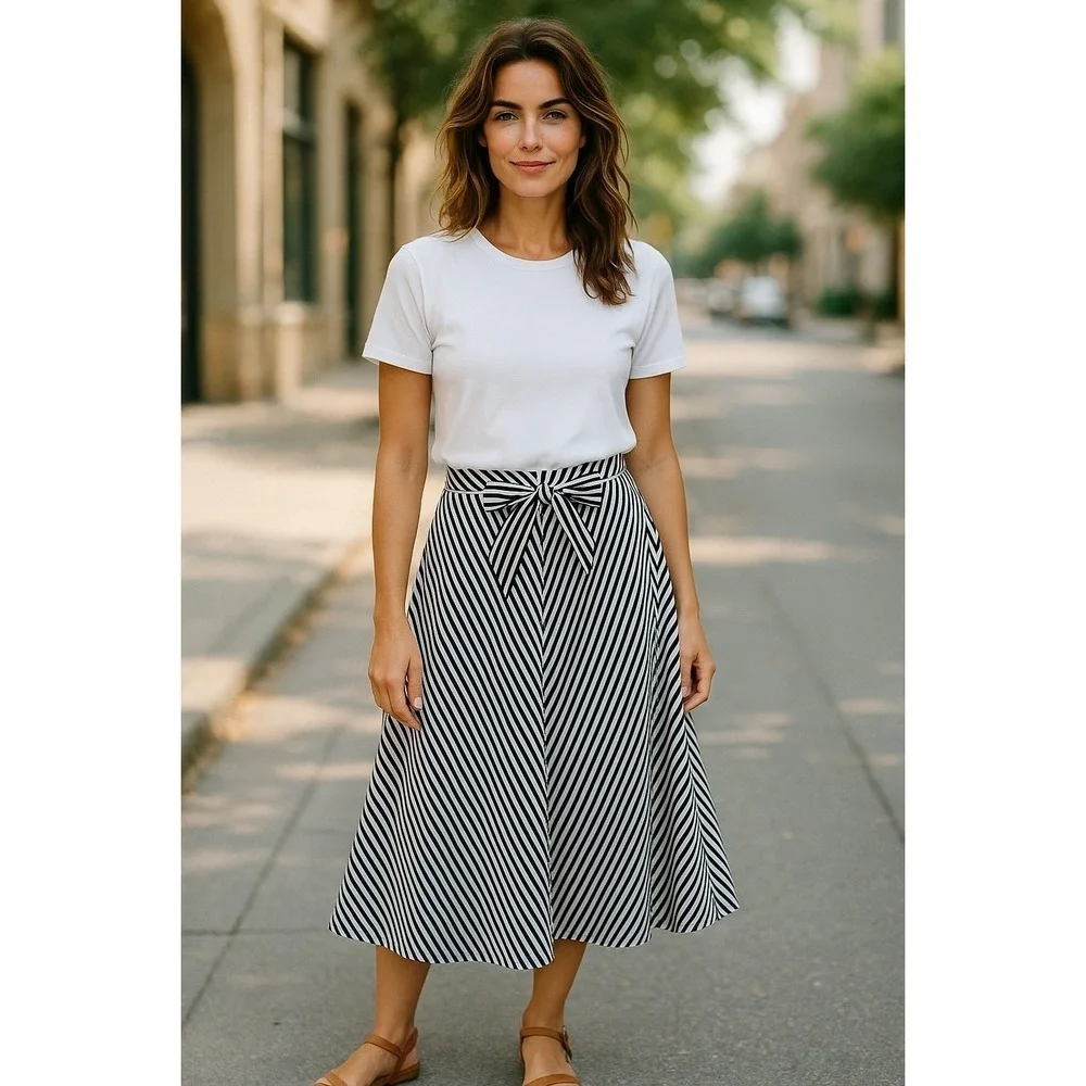 Madewell Striped Tie Waist A-Line Midi Skirt Career Casual Chic Size 6 - Picture 4 of 6